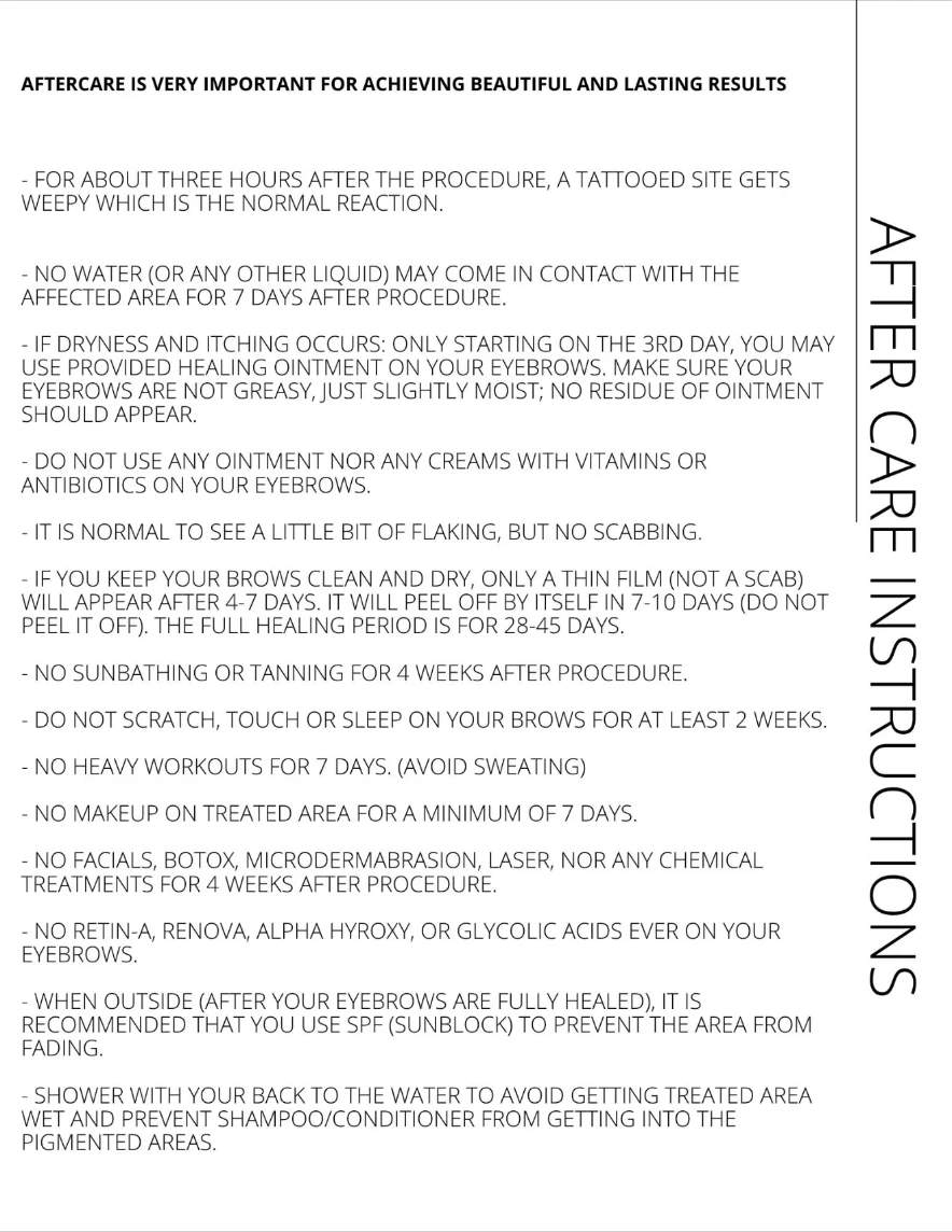 Printed ombré brow aftercare instruction sheet from Natalia Beauty