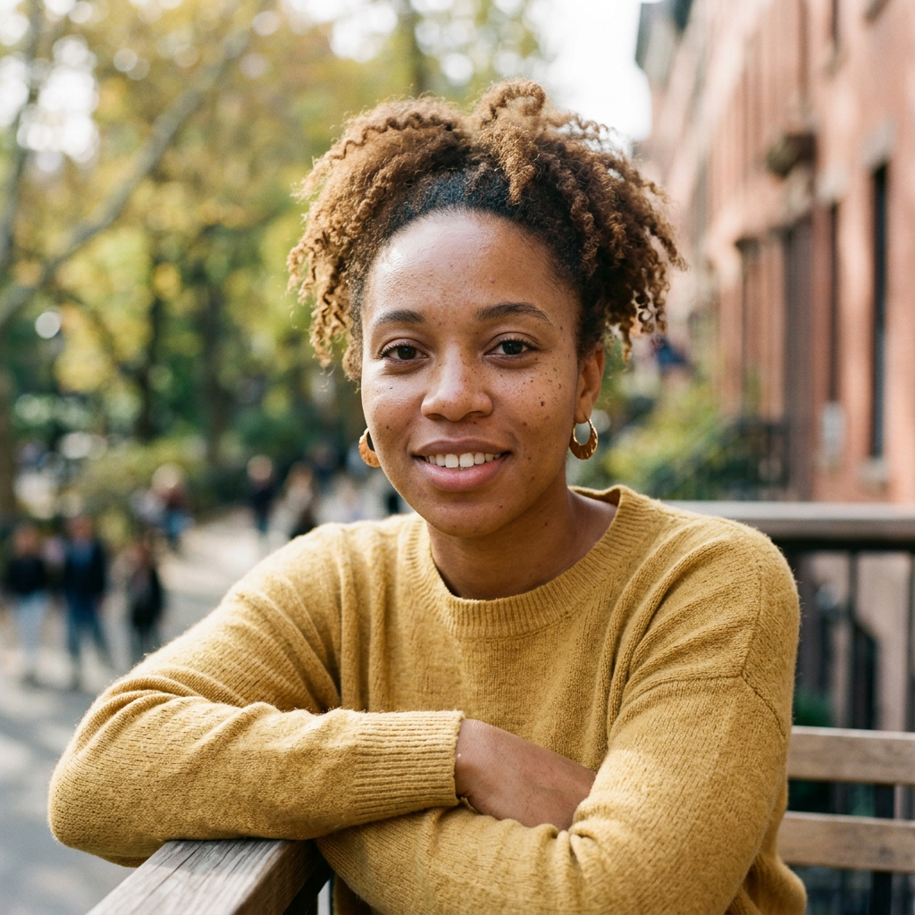 Young woman leaning on wooden railing outdoors wearing mustard sweater