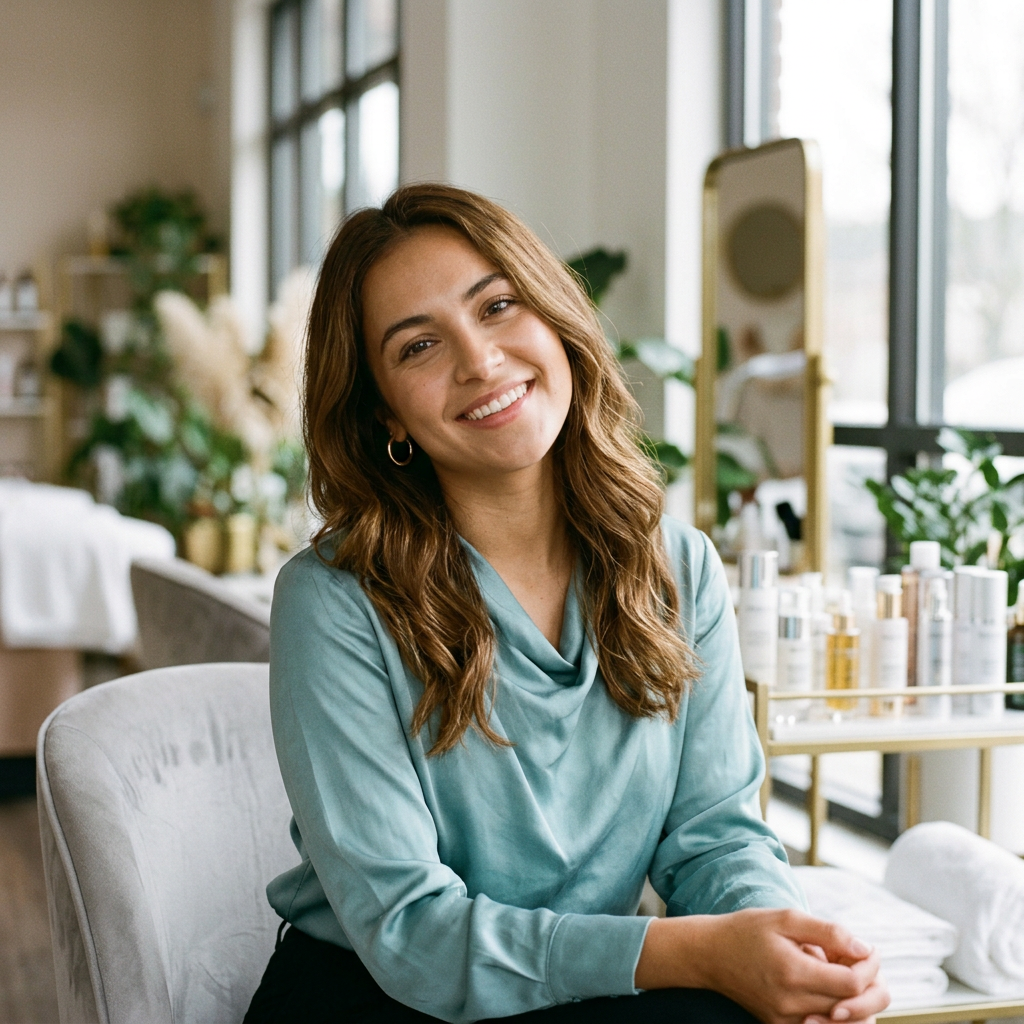 Smiling woman with wavy brown hair sitting in a light-filled room with skincare products