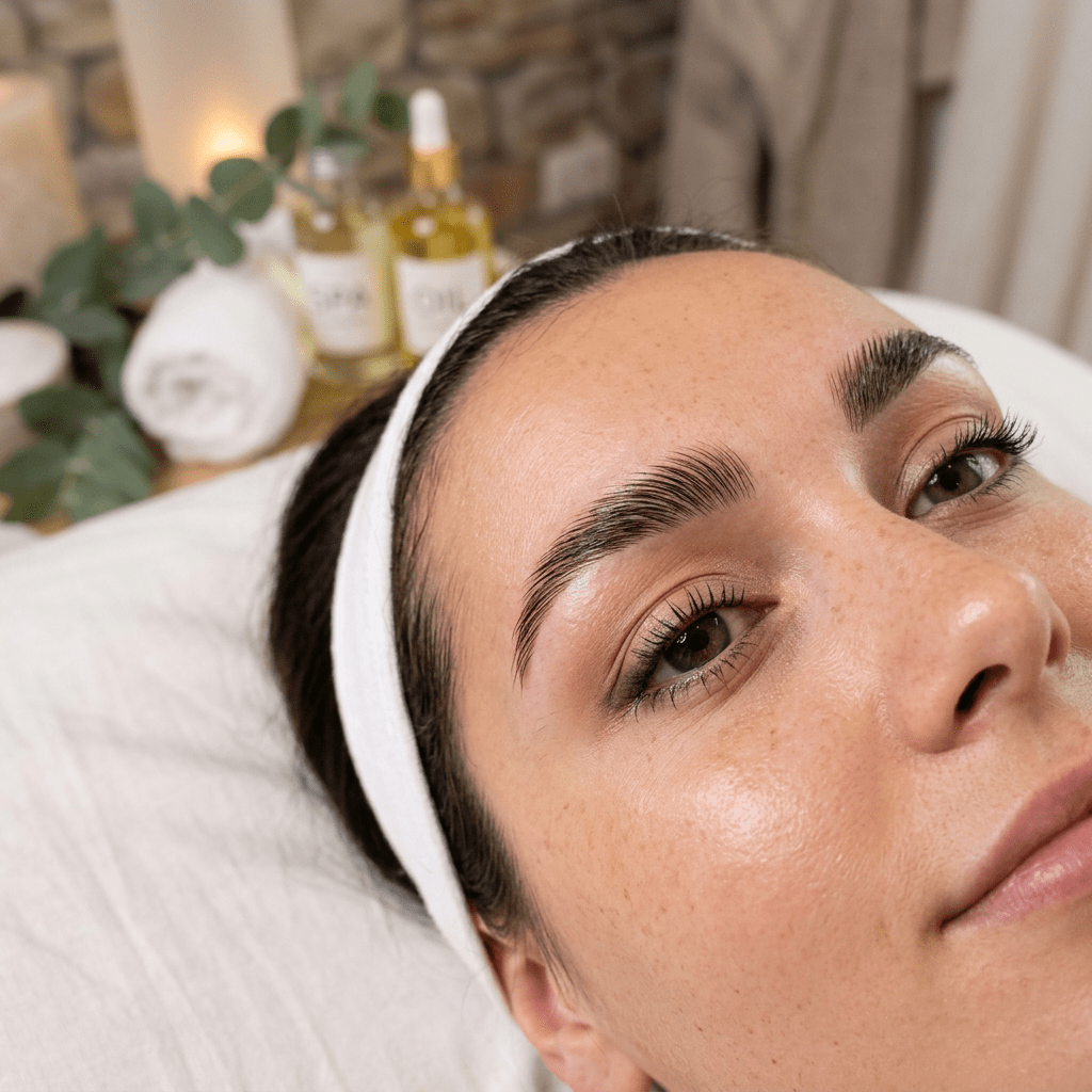 Woman lying down with headband, fresh glowing skin, and groomed eyebrows
